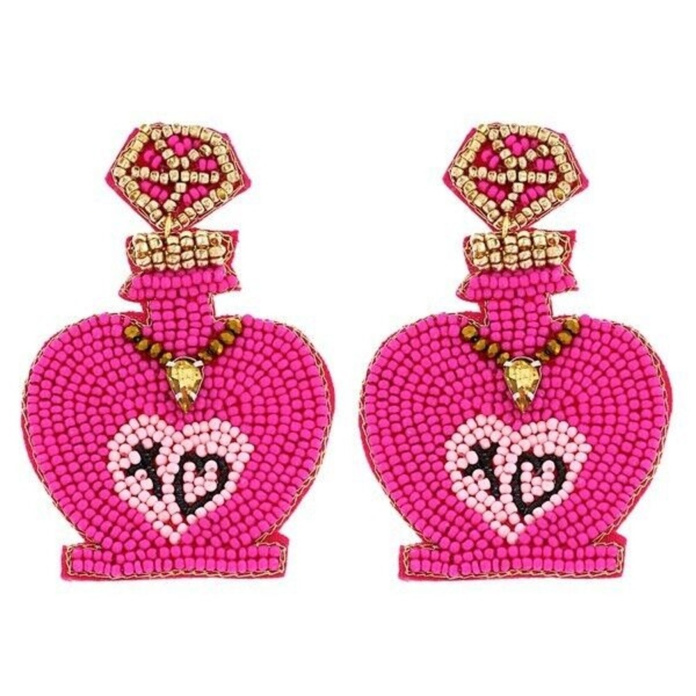 VALENTINES‎ HOT PINK LOVE POTION HEART SEED BEED RHINESTONE DANGLE EARRINGS